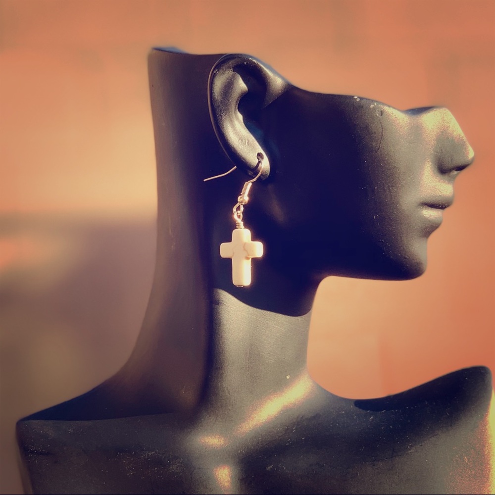 White Magnesite Cross Earrings